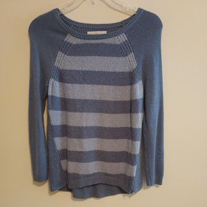 LOFT Women's Pullover Sweater MP Medium Petite Blue Striped Long Sleeve Crewneck